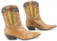 Matisse Distressed Brown Leather Short Cowboy Boots Boho Inlay Stars Women