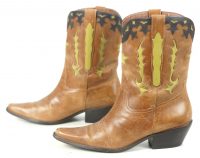 Matisse Distressed Brown Leather Short Cowboy Boots Boho Inlay Stars Women