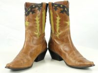 Matisse Distressed Brown Leather Short Cowboy Boots Boho Inlay Stars Women
