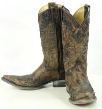 Rockin Leather Handcrafted Distressed Cowboy Boots Inlay Gold Stitch Women