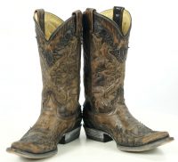 Rockin Leather Handcrafted Distressed Cowboy Boots Inlay Gold Stitch Women