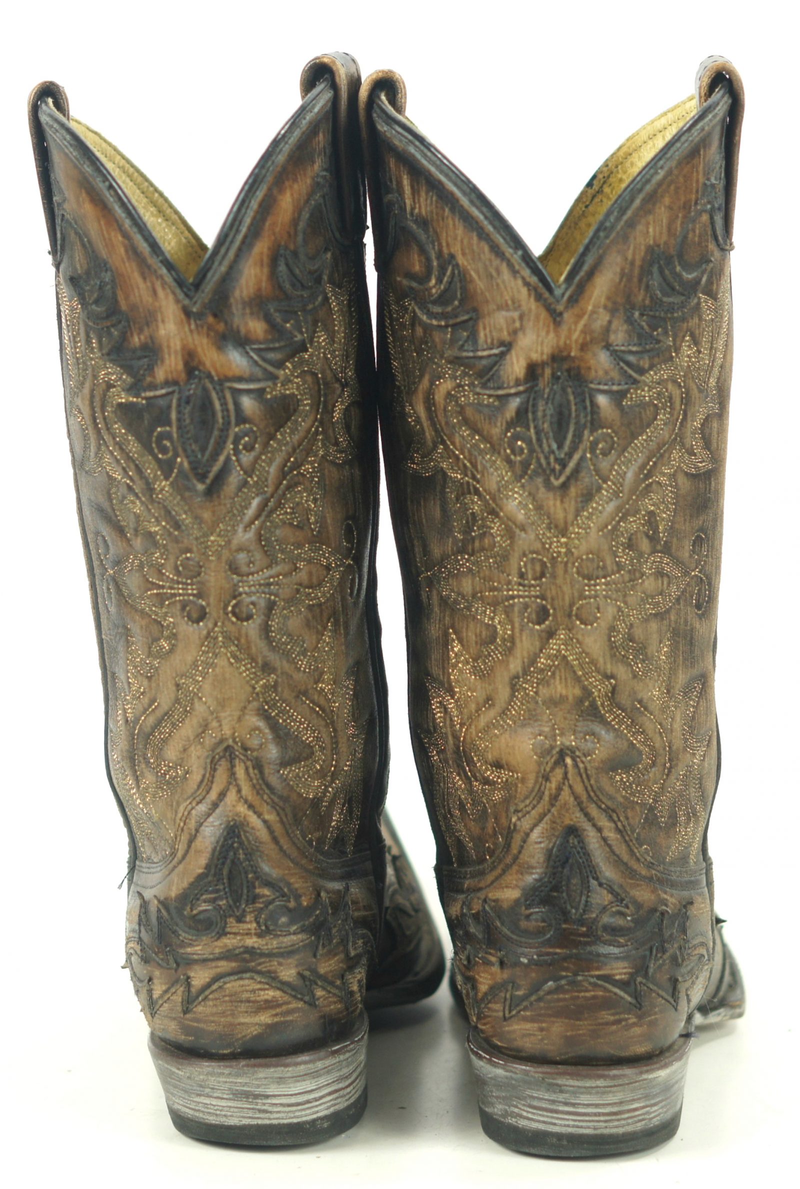 Rockin Leather Handcrafted Distressed Cowboy Boots Inlay Gold Stitch Women