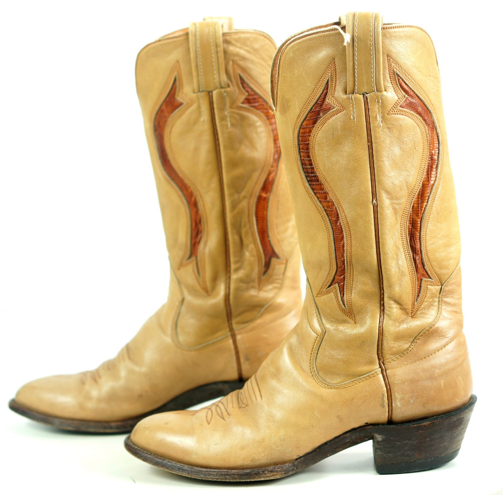 Sanders Golden Tan Leather Vintage Cowboy Western Boots Exotic Inlays Men (12)