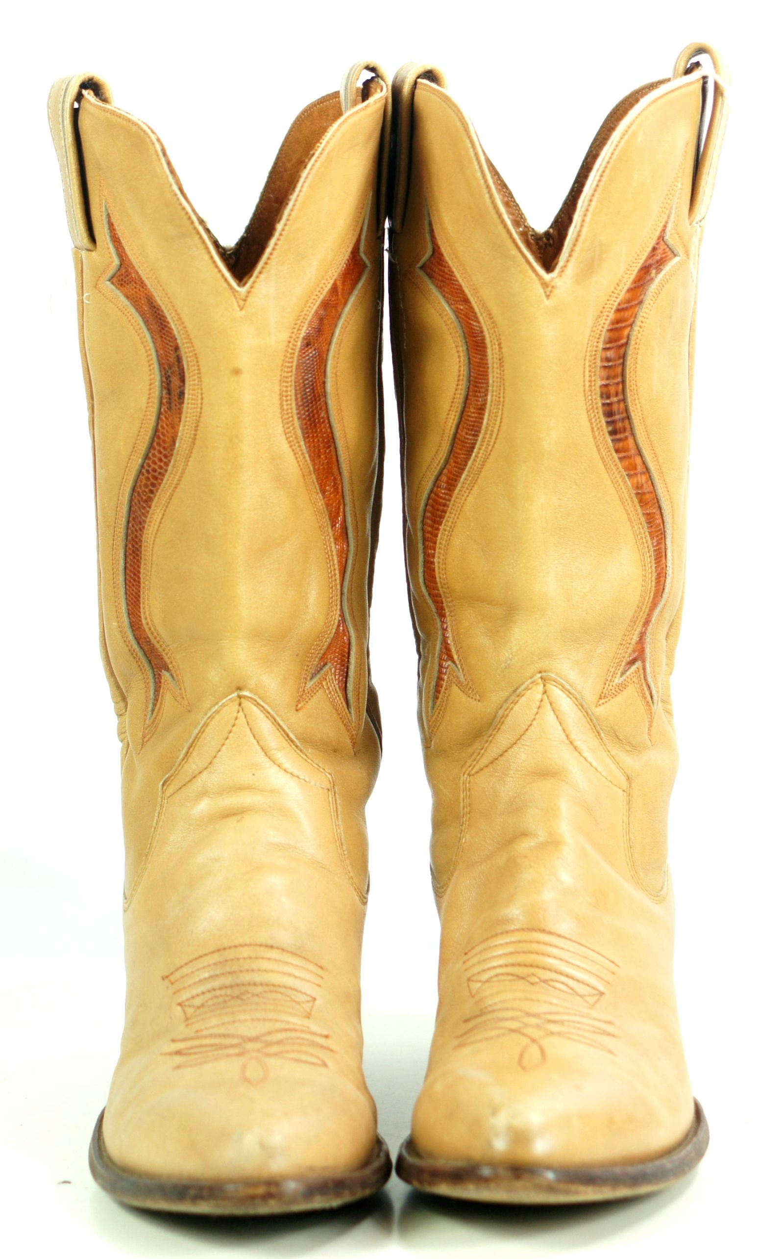 Sanders Golden Tan Leather Vintage Cowboy Western Boots Exotic Inlays Men (6)