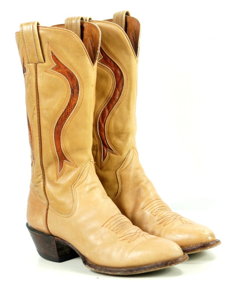 Sanders Golden Tan Leather Vintage Cowboy Western Boots Exotic Inlays Men (7)