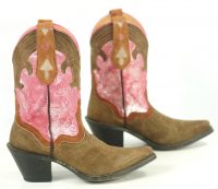 Sterling River Short Pink And Brown Suede Cowboy Boots Inlays Hi Heels Women