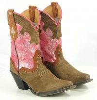 Sterling River Short Pink And Brown Suede Cowboy Boots Inlays Hi Heels Women