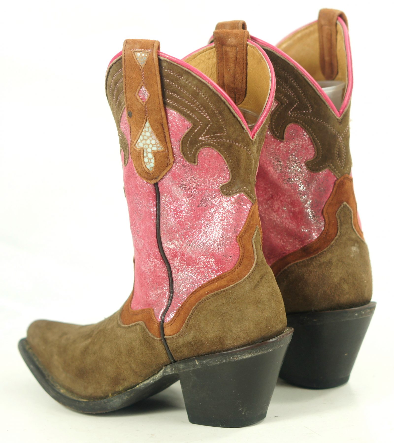 Sterling River Short Pink And Brown Suede Cowboy Boots Inlays Hi Heels Women