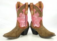 Sterling River Short Pink And Brown Suede Cowboy Boots Inlays Hi Heels Women