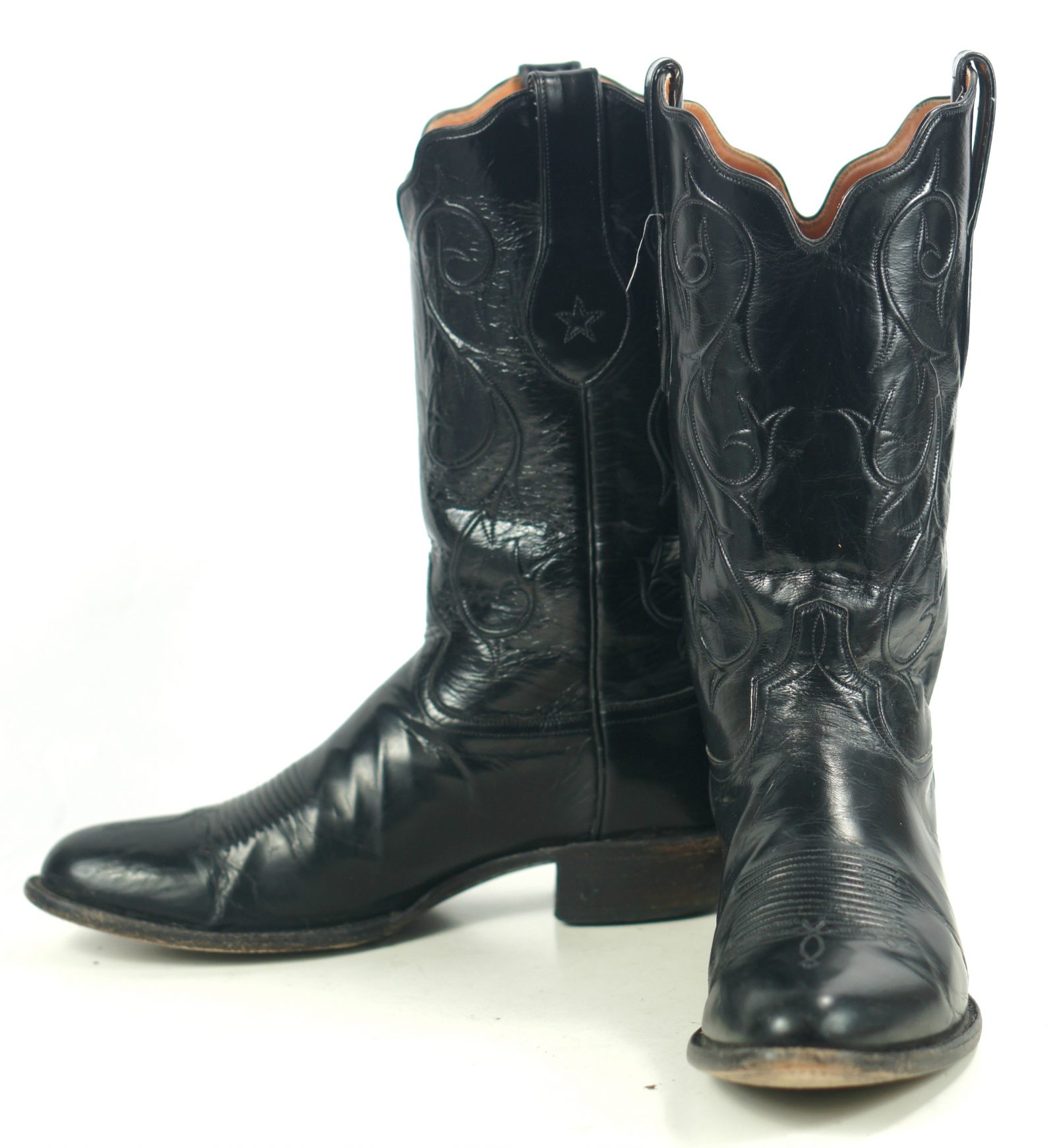 Tony Lama Signature Series Black Calf Cowboy Boots Scallop Top US Made Men