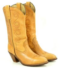 Frye Brown Leather Cowboy Western Boho Boots Heeled Red Retro Stitch Women