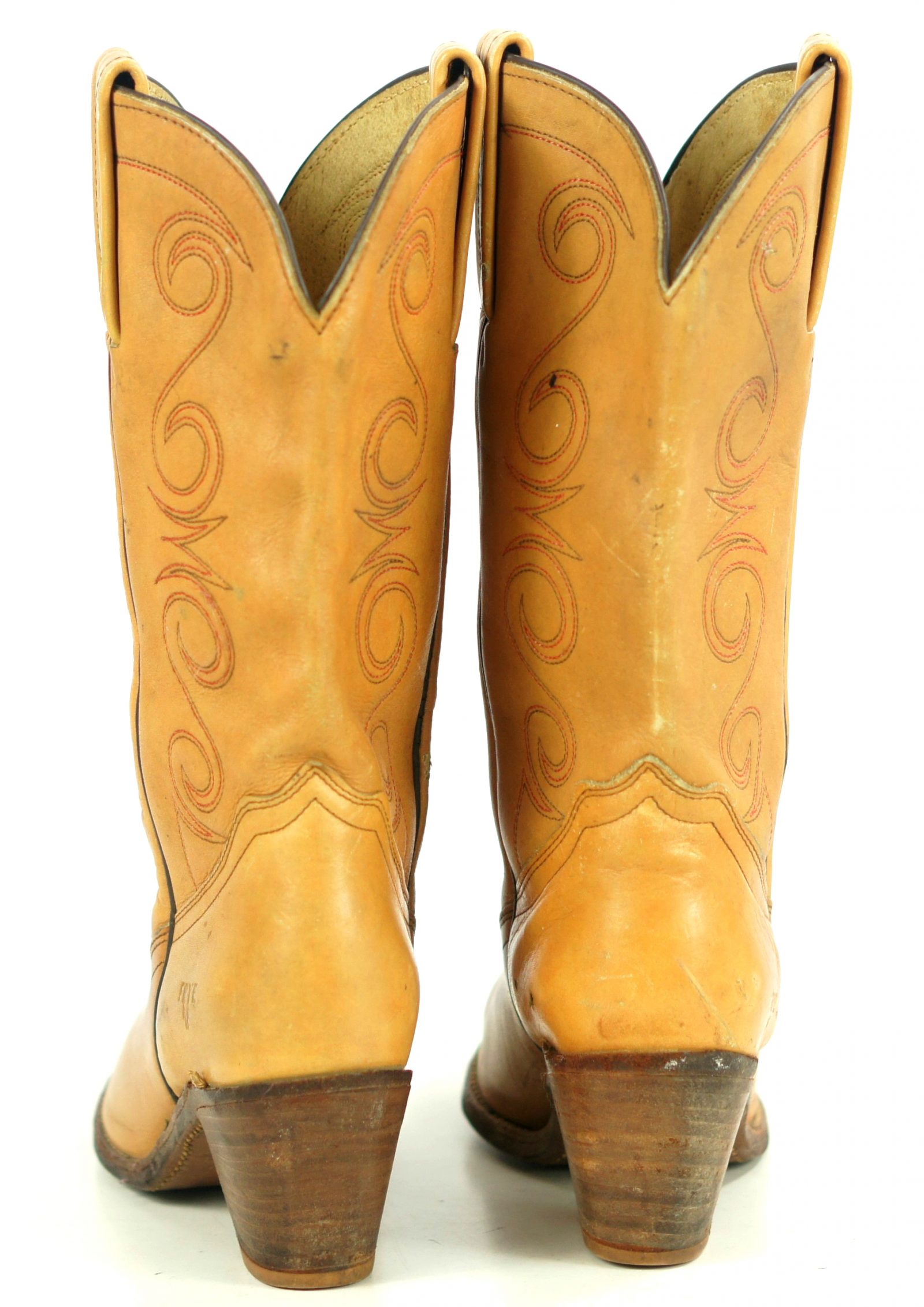 Frye Brown Leather Cowboy Western Boho Boots Heeled Red Retro Stitch Women