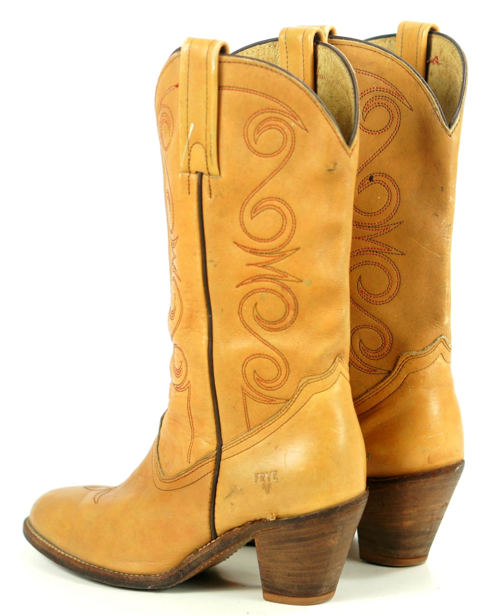 Frye Brown Leather Cowboy Western Boho Boots Heeled Red Retro Stitch Women