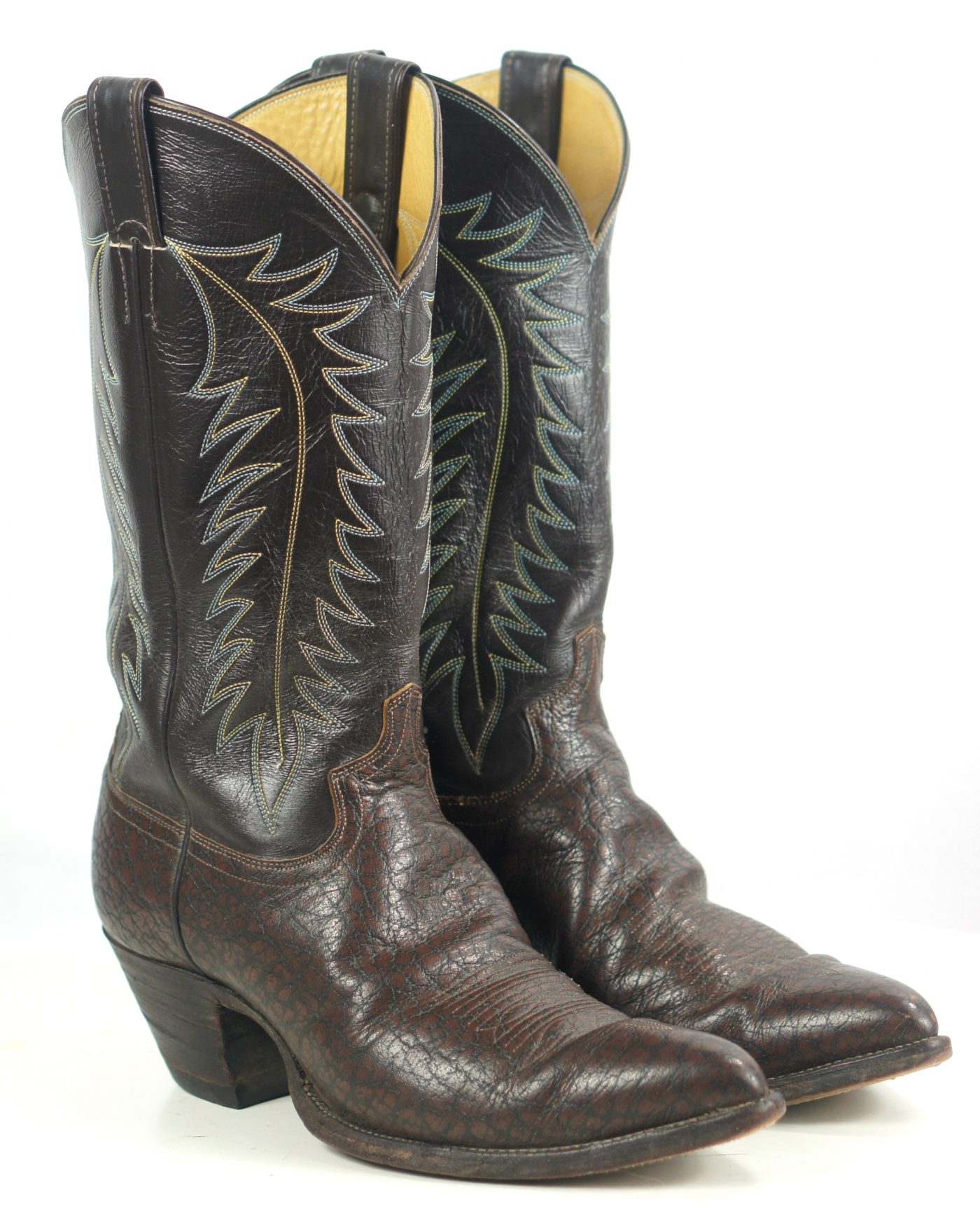 Justin Brown And Black Leather Peanut Brittle Cowboy Boots Vintage US