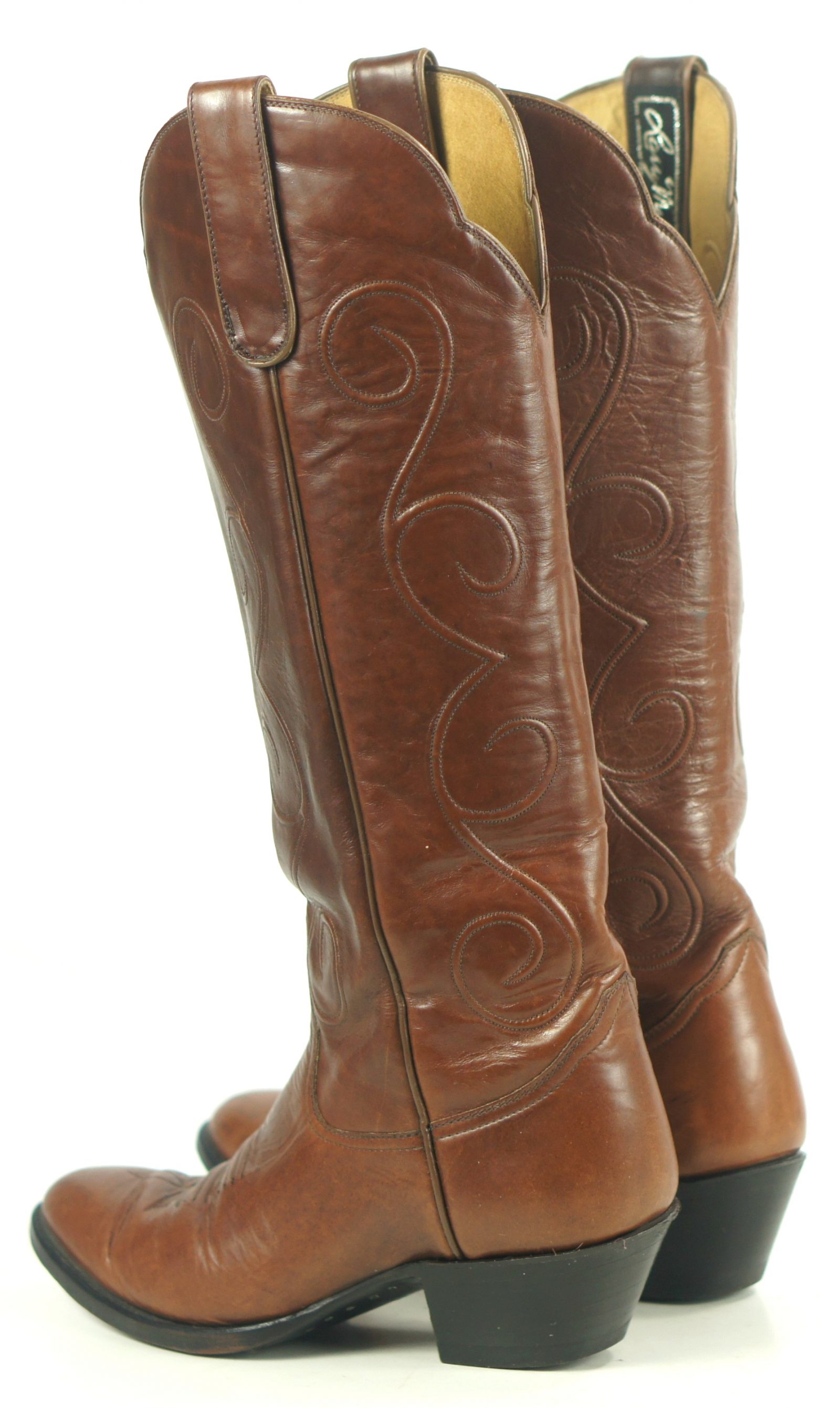 Larry Mahan Brown Knee Hi 17 Tall Western Cowboy Boots Vintage US Made Womens (10)