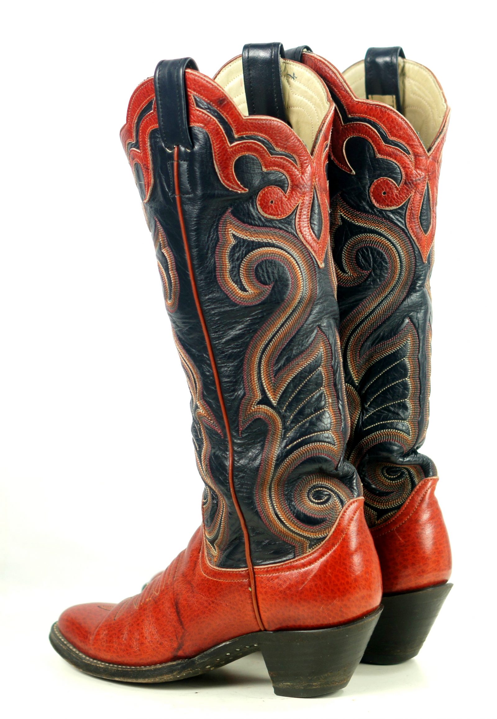 Larry Mahan Red Black 16 Tall Cowboy Boots 10 Row Vintage US Made Women