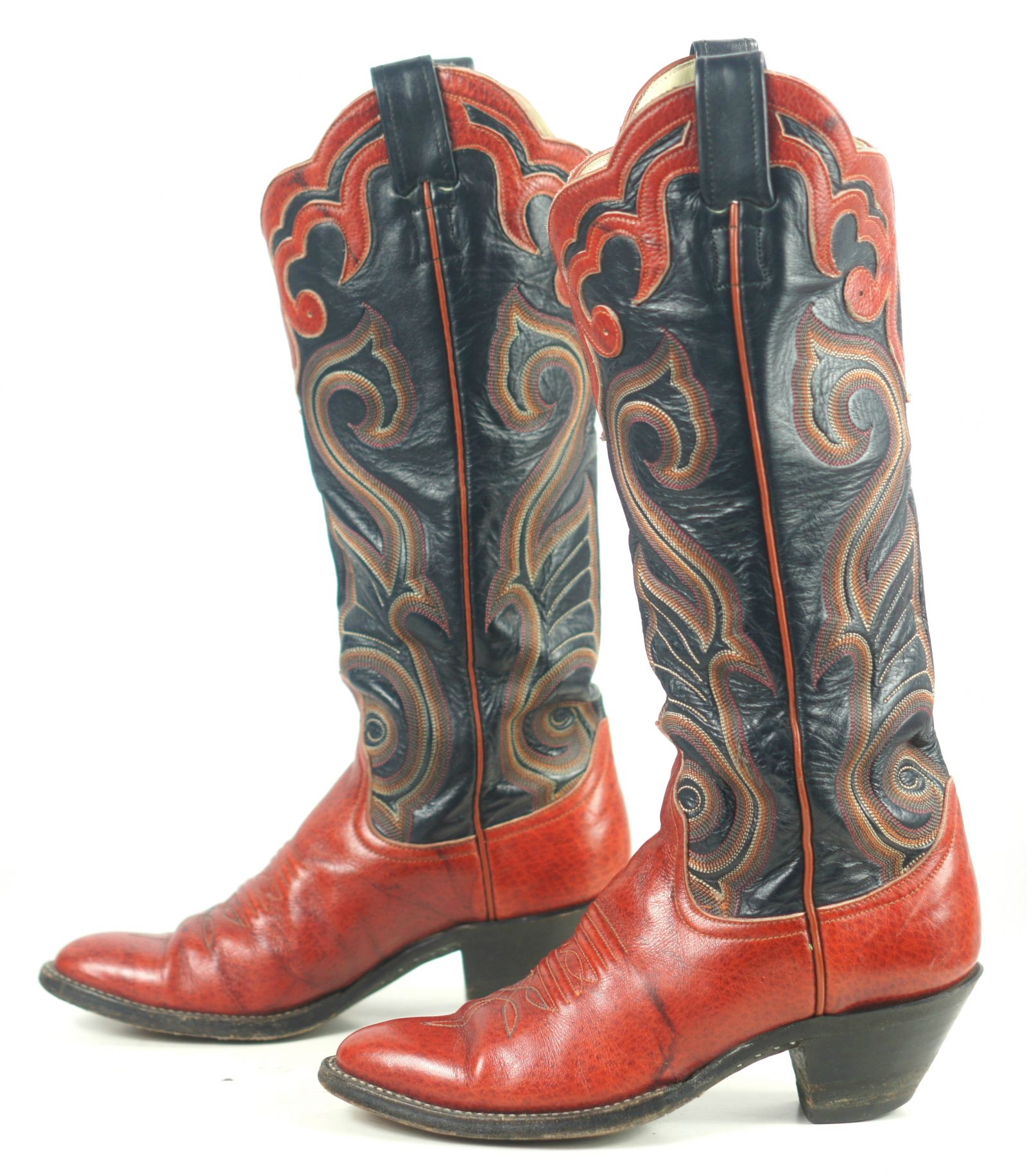 Larry Mahan Red Black 16 Tall Cowboy Boots 10 Row Vintage US Made Women
