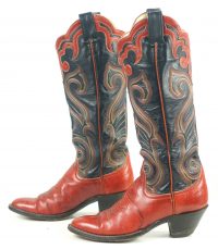 Larry Mahan Red Black 16 Tall Cowboy Boots 10 Row Vintage US Made Women