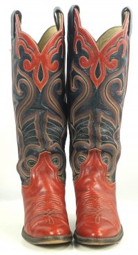 Larry Mahan Red Black 16 Tall Cowboy Boots 10 Row Vintage US Made Women