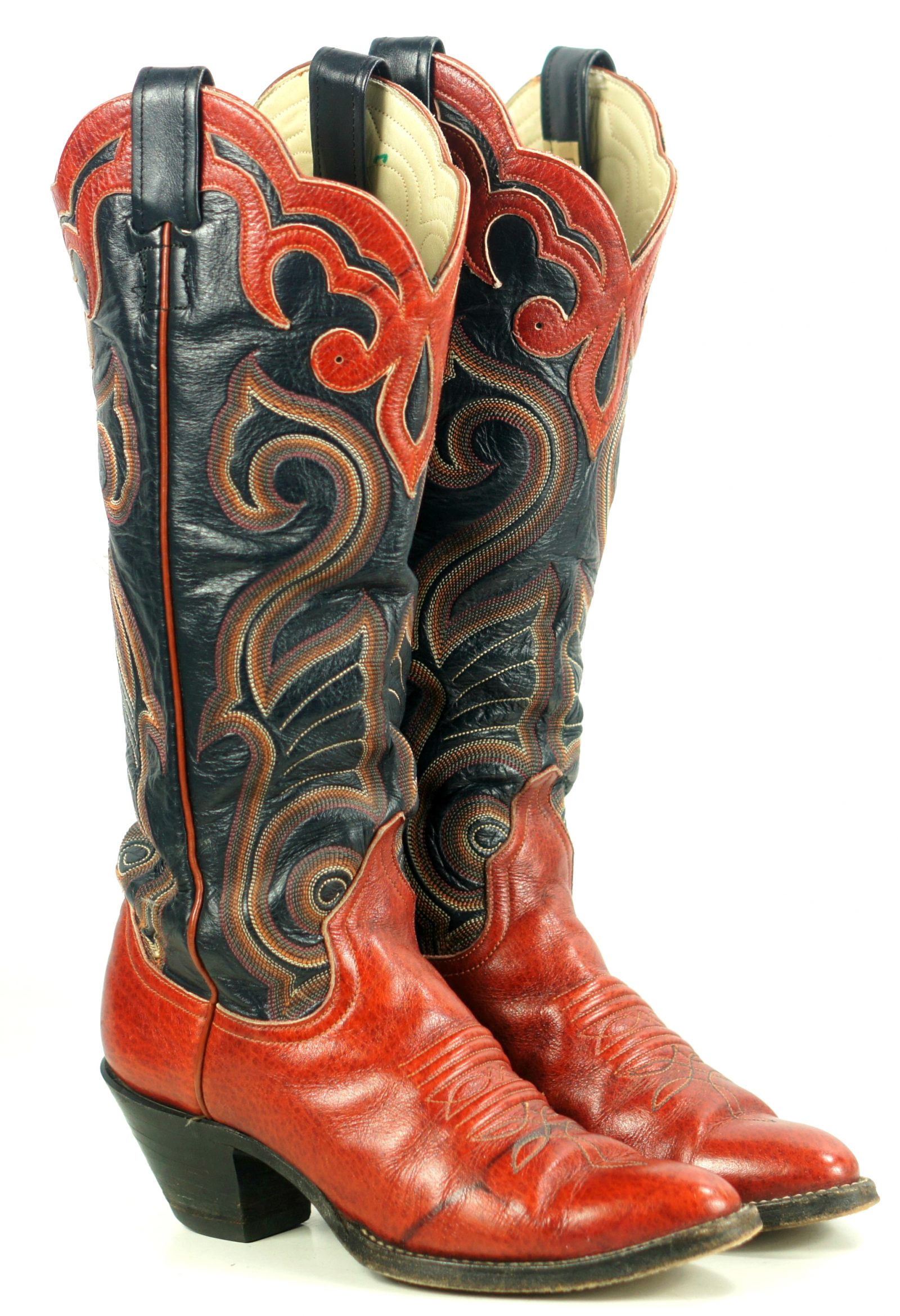 Larry Mahan Red Black 16 Tall Cowboy Boots 10 Row Vintage US Made Women