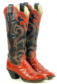 Larry Mahan Red Black 16 Tall Cowboy Boots 10 Row Vintage US Made Women