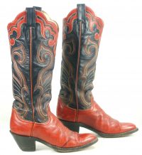 Larry Mahan Red Black 16 Tall Cowboy Boots 10 Row Vintage US Made Women