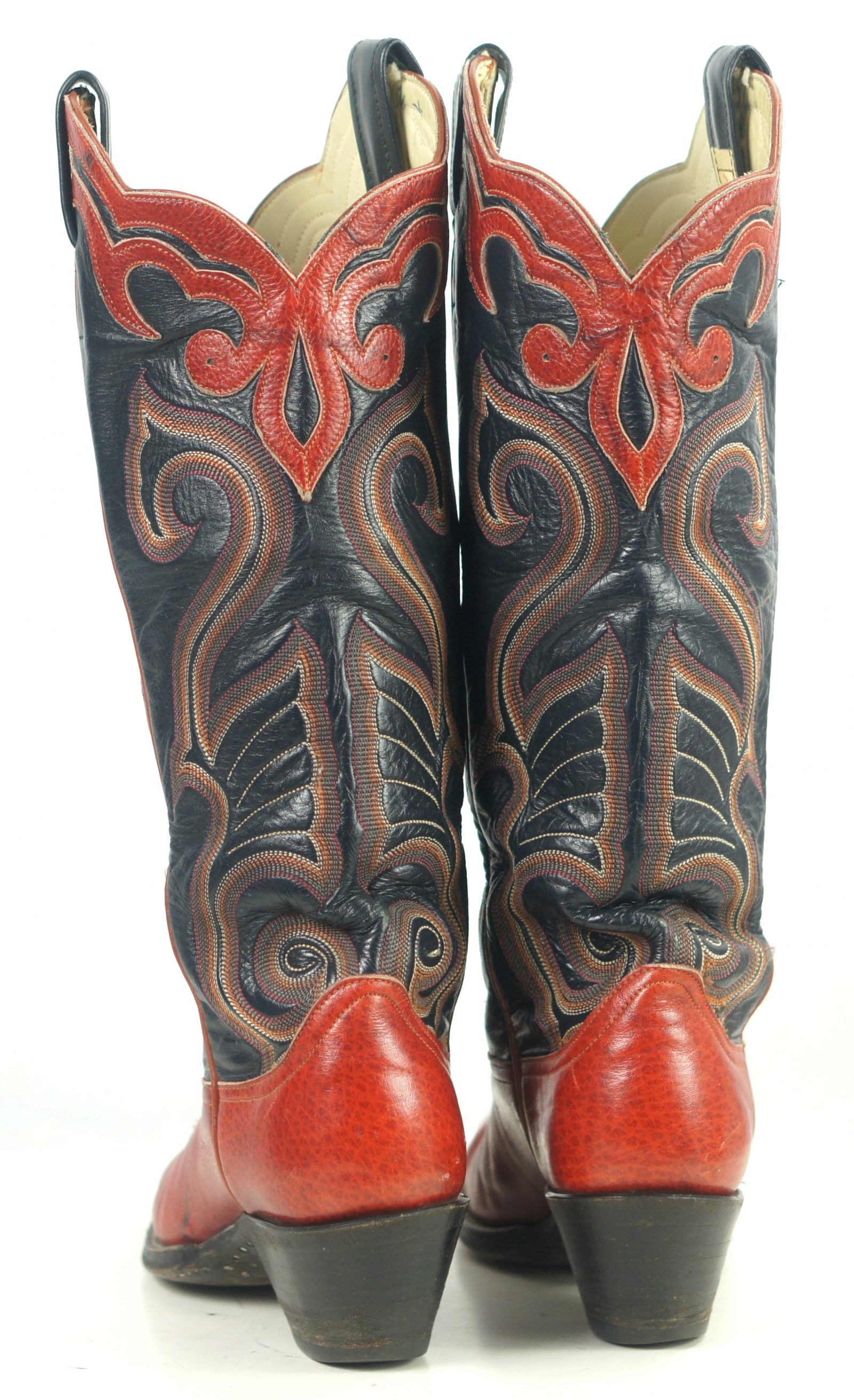 Larry Mahan Red Black 16 Tall Cowboy Boots 10 Row Vintage US Made Women