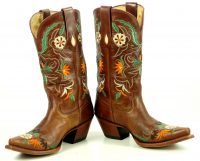 Tony Lama Brown Leather Snip Toe Cowboy Boots Embroidered Flowers Women
