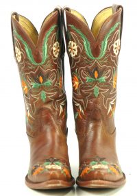 Tony Lama Brown Leather Snip Toe Cowboy Boots Embroidered Flowers Women