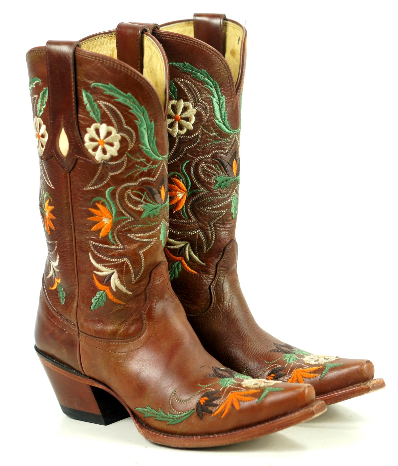 Tony Lama Brown Leather Snip Toe Cowboy Boots Embroidered Flowers Women