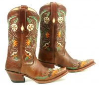 Tony Lama Brown Leather Snip Toe Cowboy Boots Embroidered Flowers Women