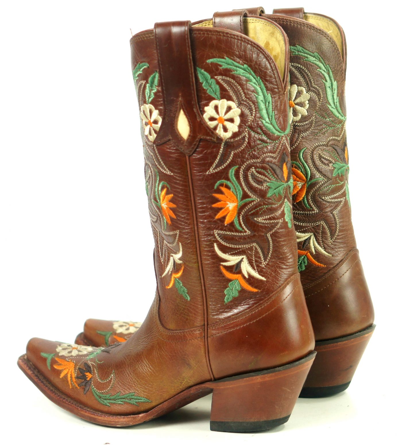 Tony Lama Brown Leather Snip Toe Cowboy Boots Embroidered Flowers Women ...