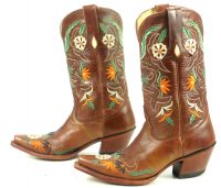 Tony Lama Brown Leather Snip Toe Cowboy Boots Embroidered Flowers Women
