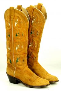 Acme 16-Inch Golden Roughout Suede Inlay Cowboy Boots Vintage US Made Womens (10)