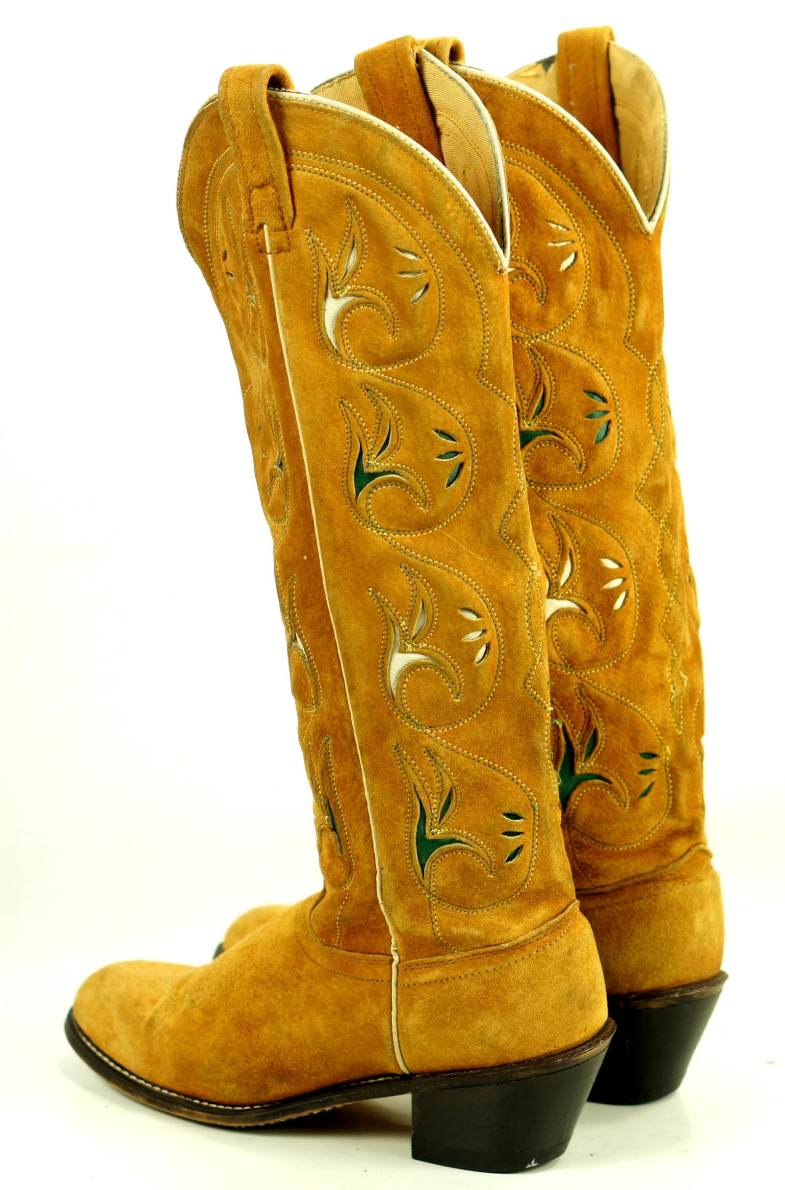 Acme 16-Inch Golden Roughout Suede Inlay Cowboy Boots Vintage US Made Womens (2)
