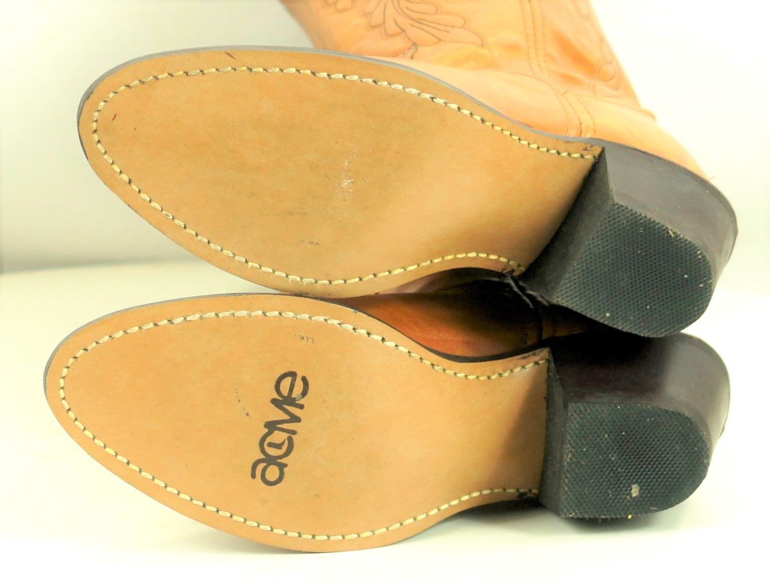 Acme Marbled Caramel Leather Tall Cowboy Boots Floral Vintage US Made Women