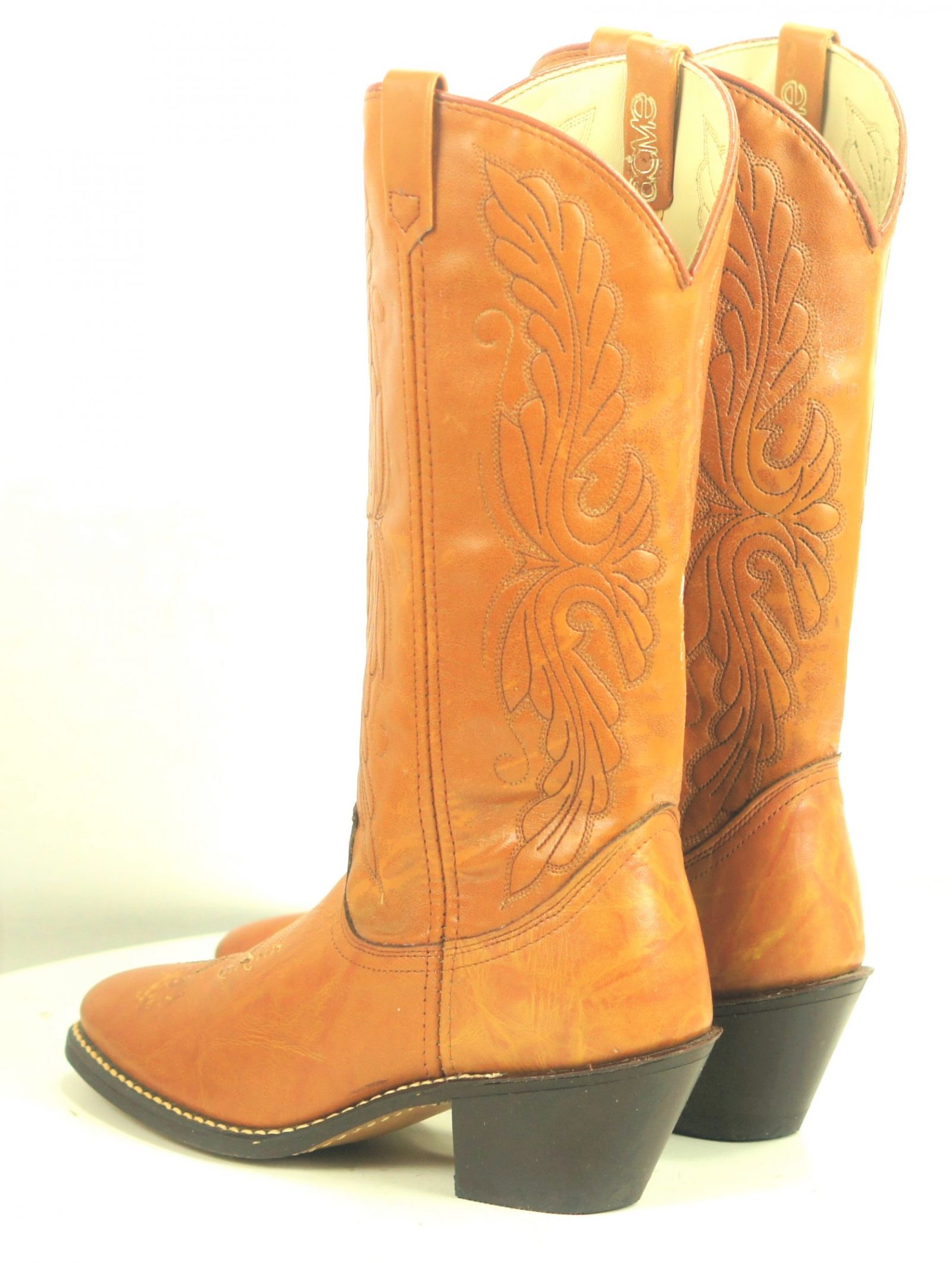 Acme Marbled Caramel Leather Tall Cowboy Boots Floral Vintage US Made Women