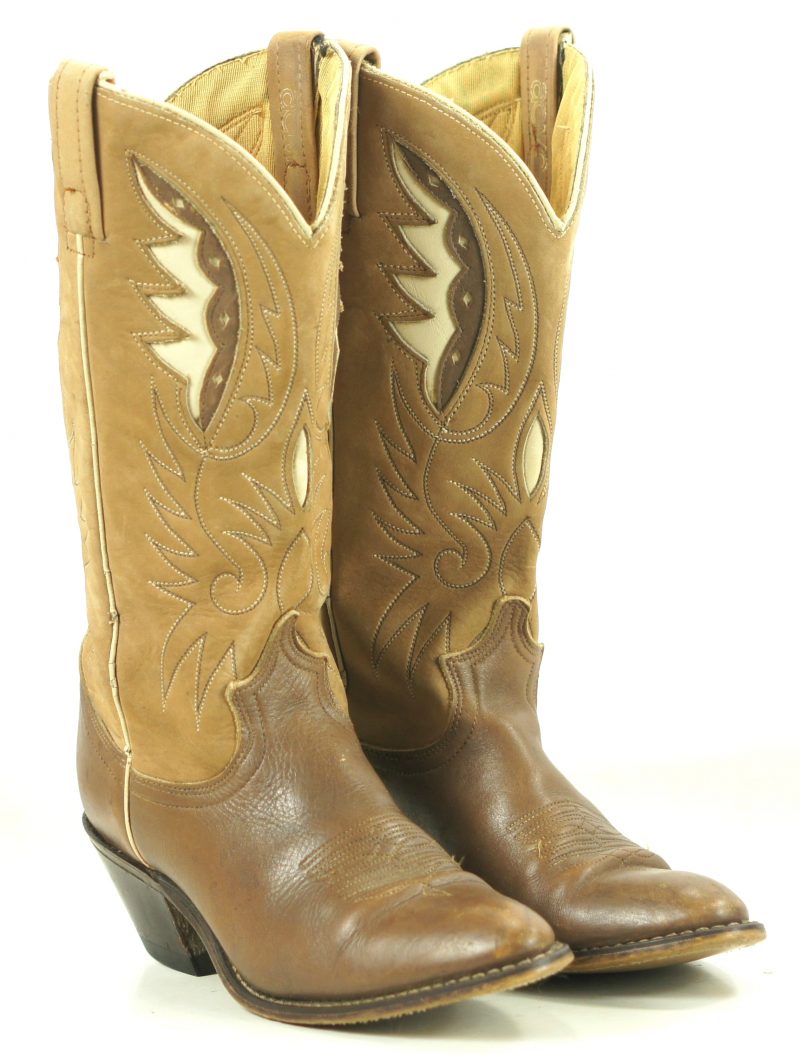 Acme Two-Tone Brown Leather Cowboy Boots Inlay Wings Vintage US Made Women (1)