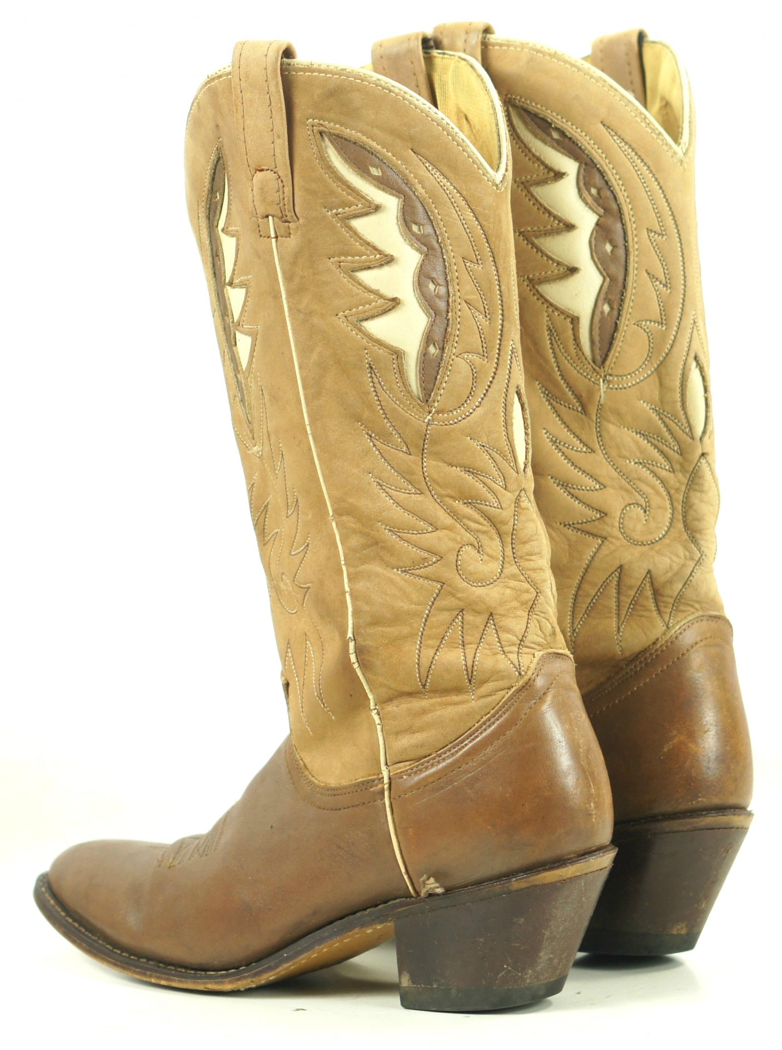 Acme Two-Tone Brown Leather Cowboy Boots Inlay Wings Vintage US Made Women (4)