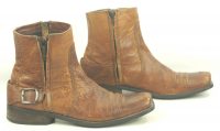 Bronx Brown Leather Biker Ankle Boots Double Zipper Buckling Strap Mens (3)