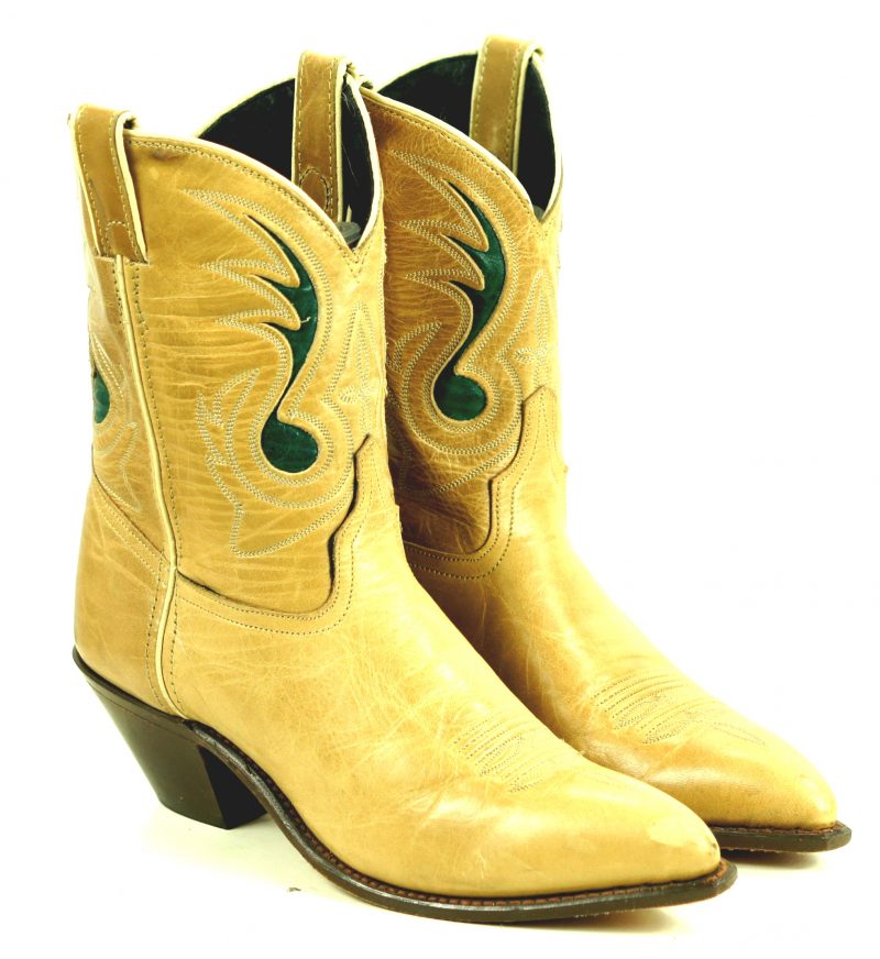 Code West Tan Ankle Cowboy Boots Inlay Green Music Note Vintage US Made Women