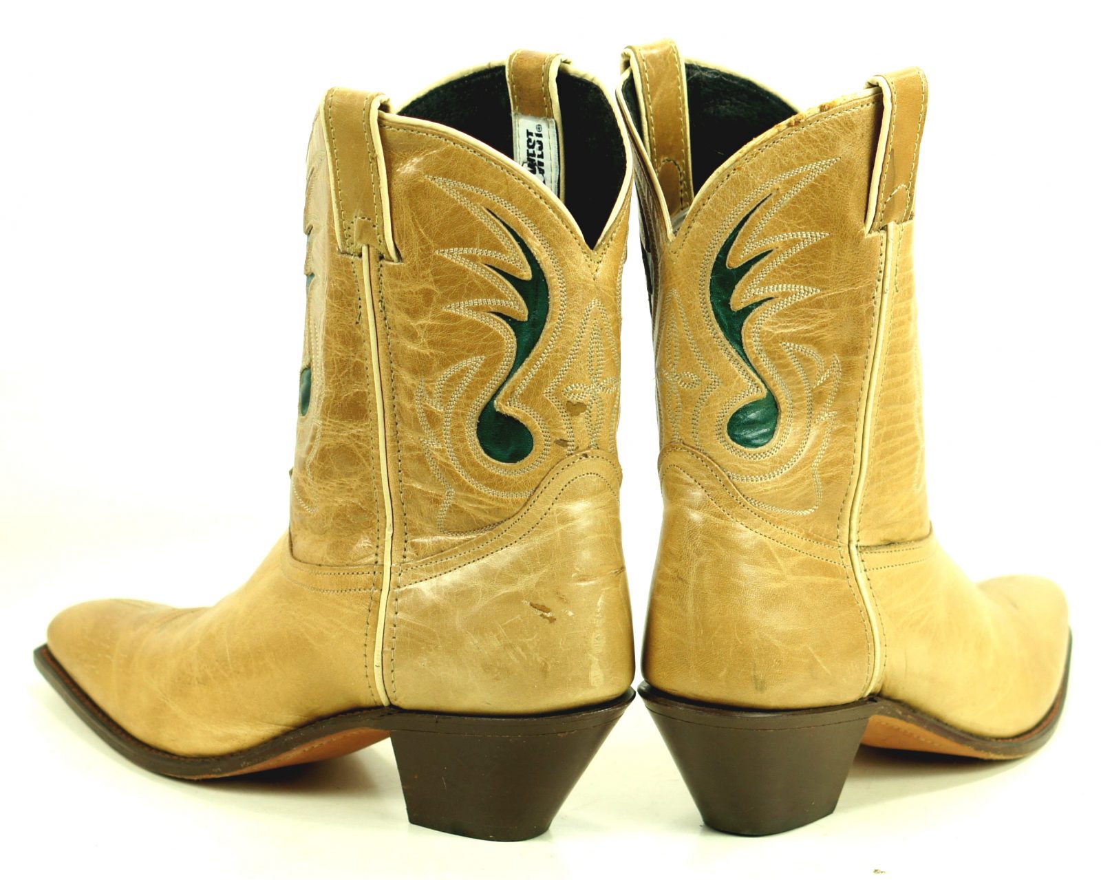 Code West Tan Ankle Cowboy Boots Inlay Green Music Note Vintage US Made Women