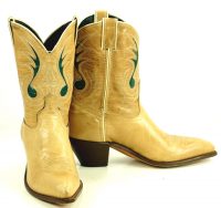 Code West Tan Ankle Cowboy Boots Inlay Green Music Note Vintage US Made Women