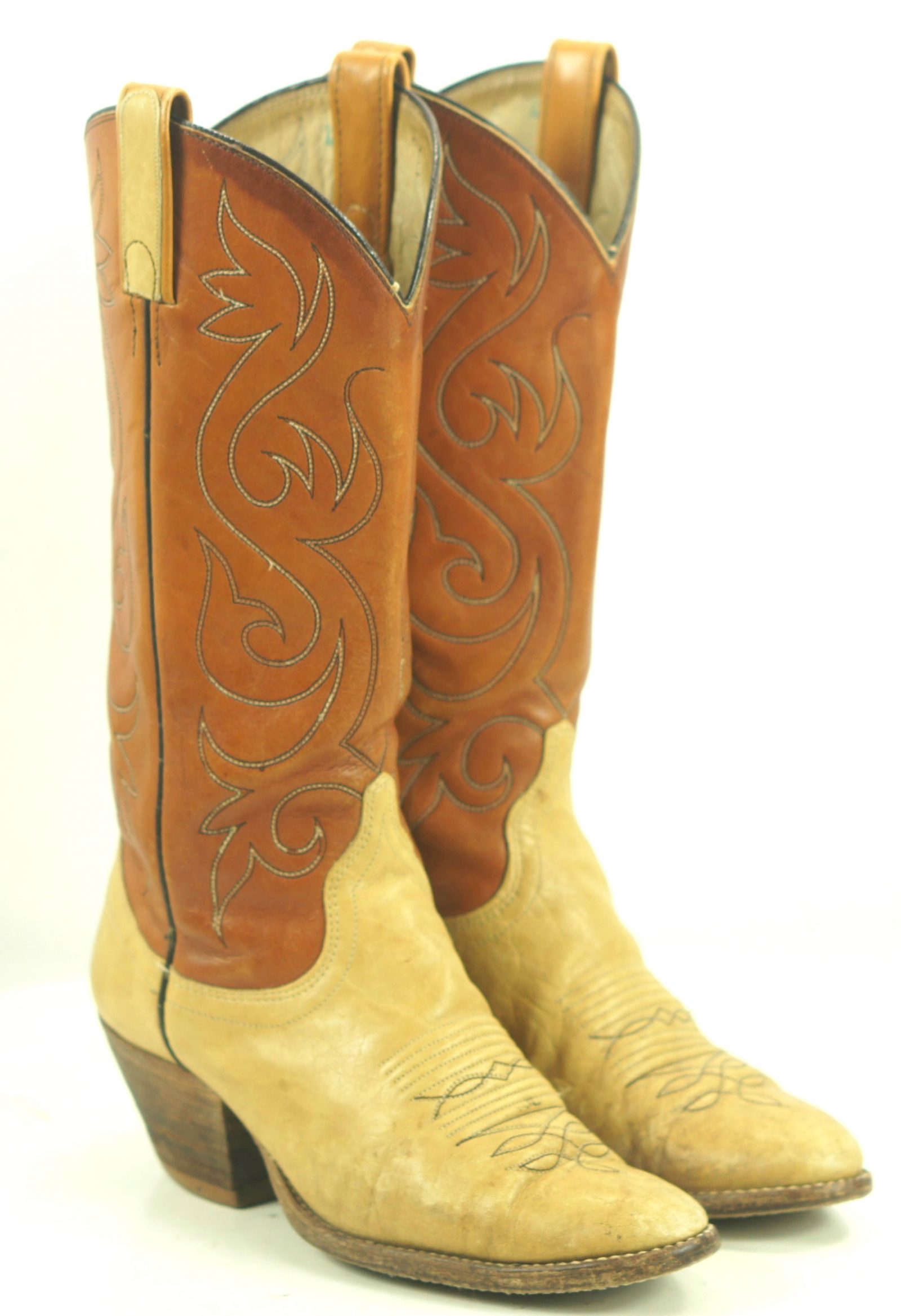 Dan Post Brown And Bone Leather Cowboy Boots Vintage 80s US Made Women