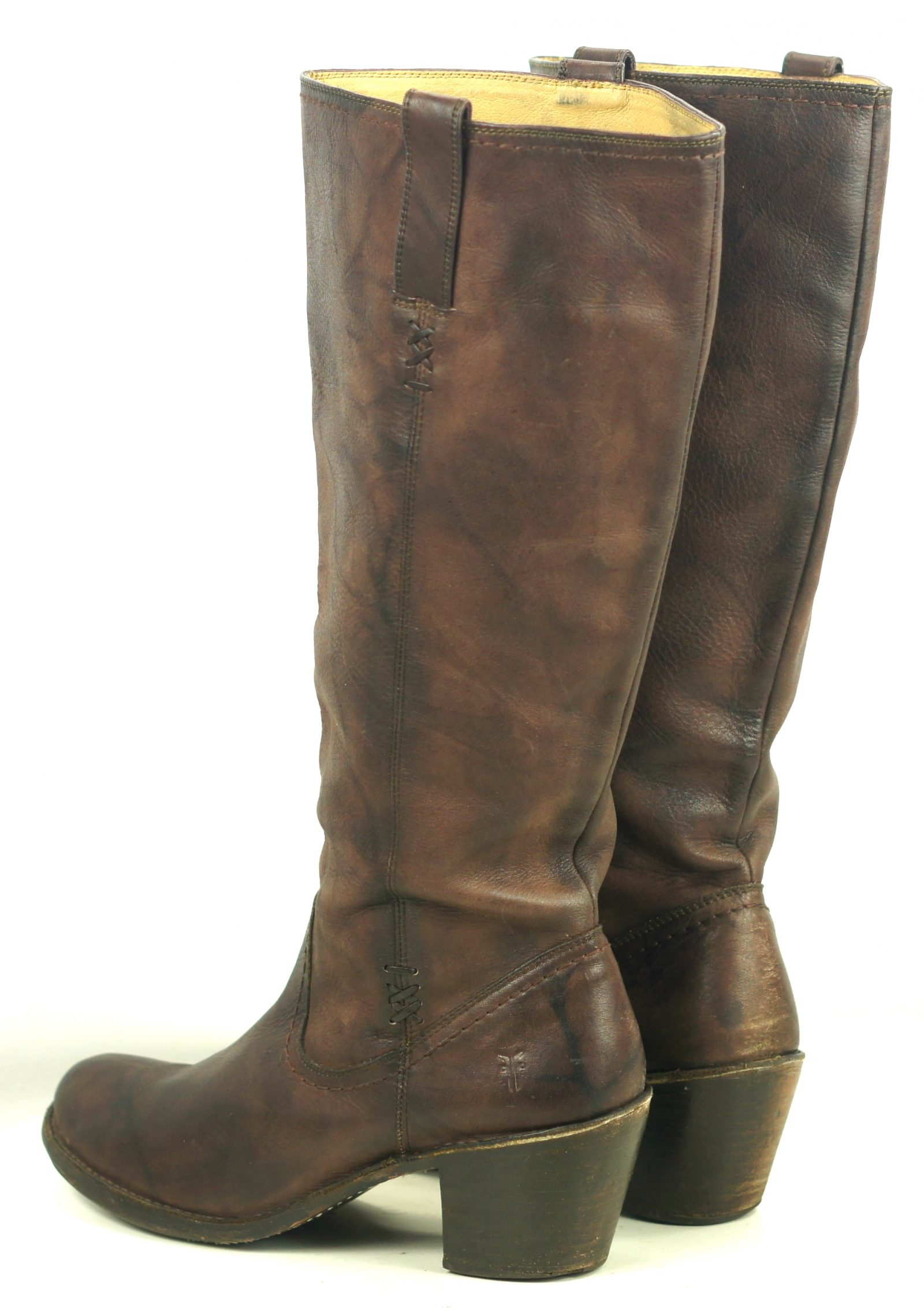 Frye Knee High 18-Inch Tall Brown Leather Flat Top Boots High Heels Women