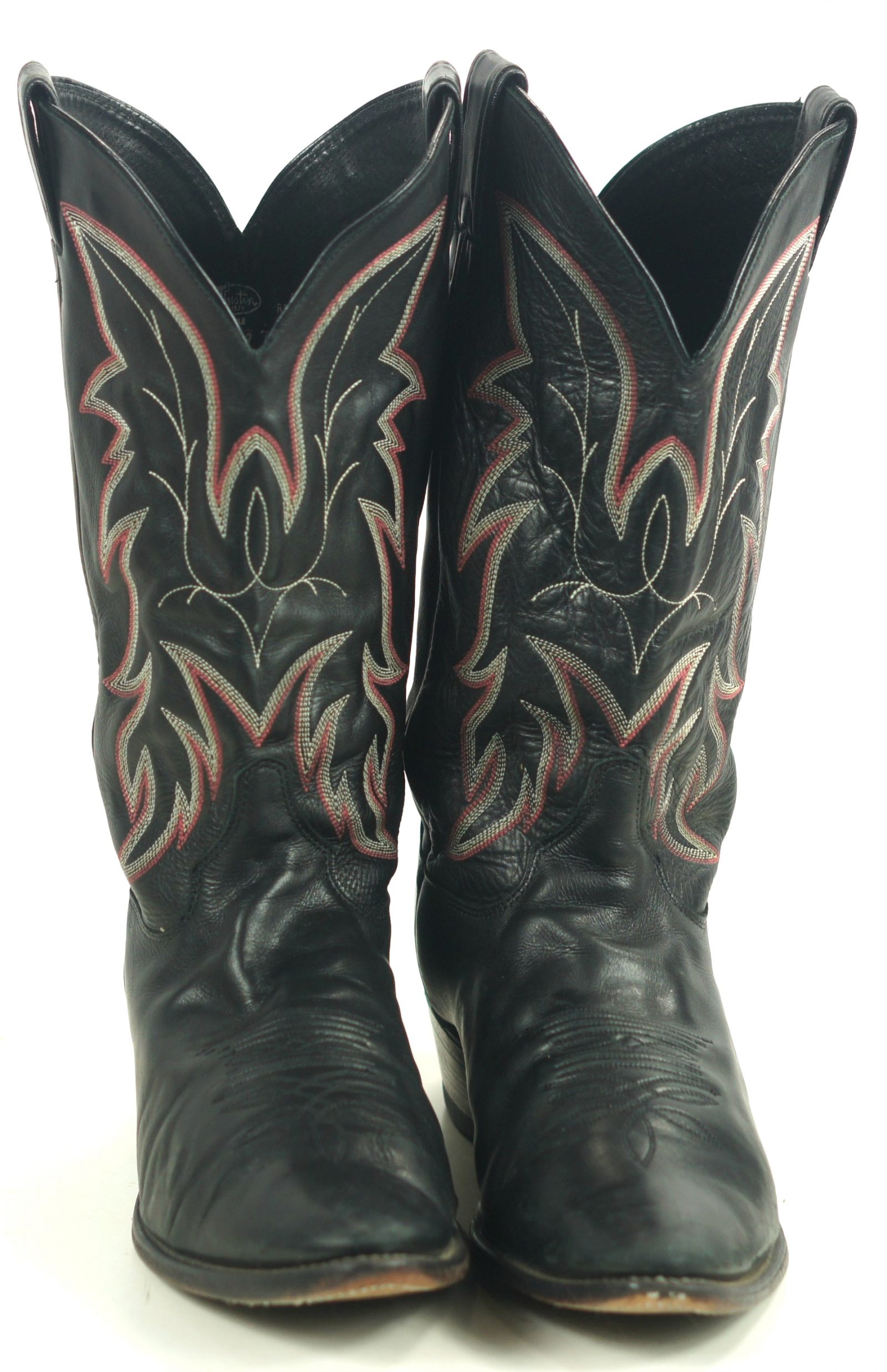 Justin Black Leather Cowboy Boots Red White Stitch USA Handcrafted Men