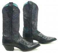 Justin Black Leather Cowboy Western Boots Tooled Purple Blue US Made Women