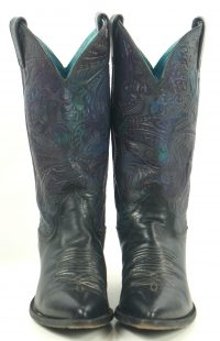 Justin Black Leather Cowboy Western Boots Tooled Purple Blue US Made Women