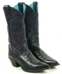 Justin Black Leather Cowboy Western Boots Tooled Purple Blue US Made Women