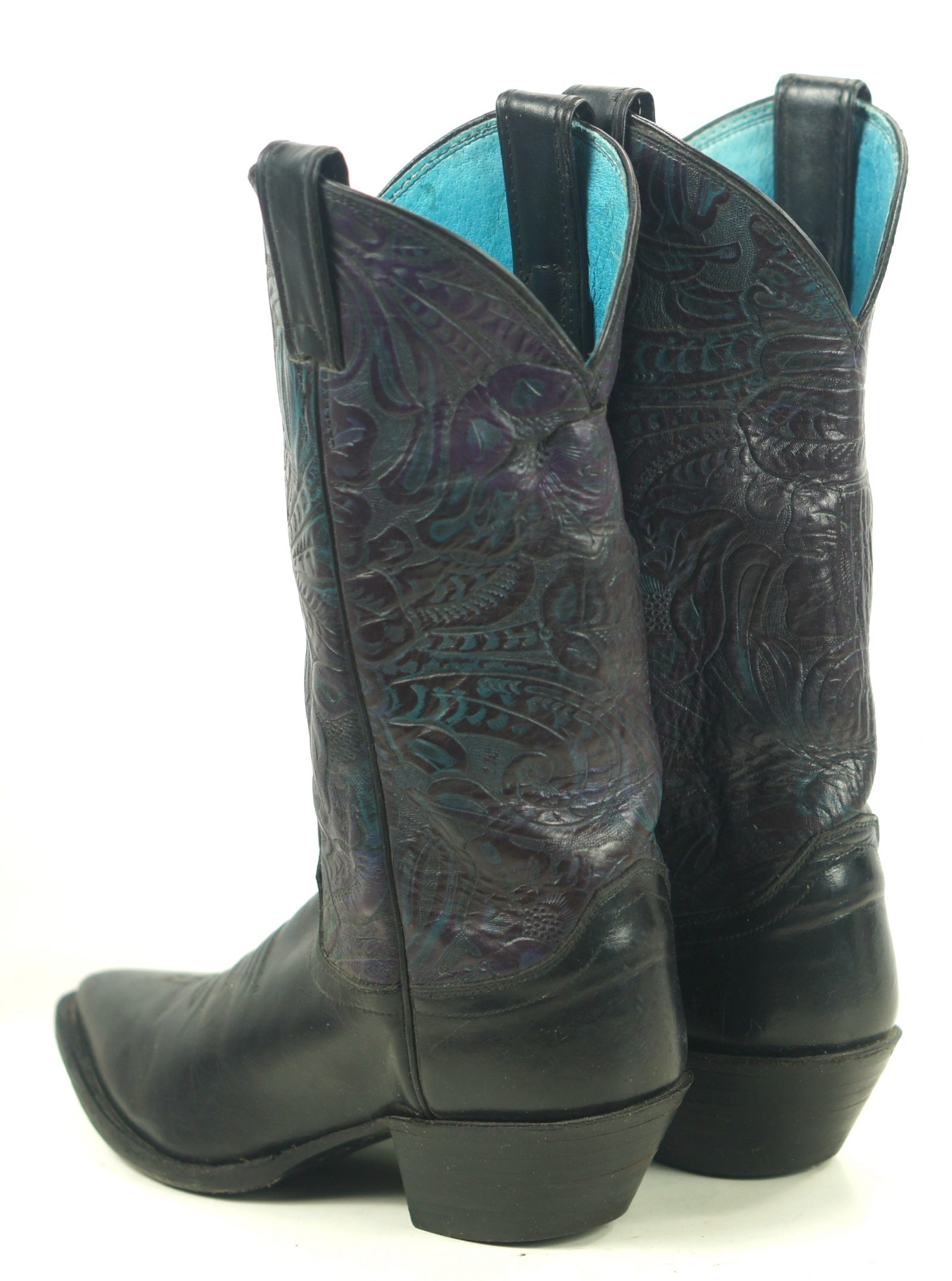 Justin Black Leather Cowboy Western Boots Tooled Purple Blue US Made Women
